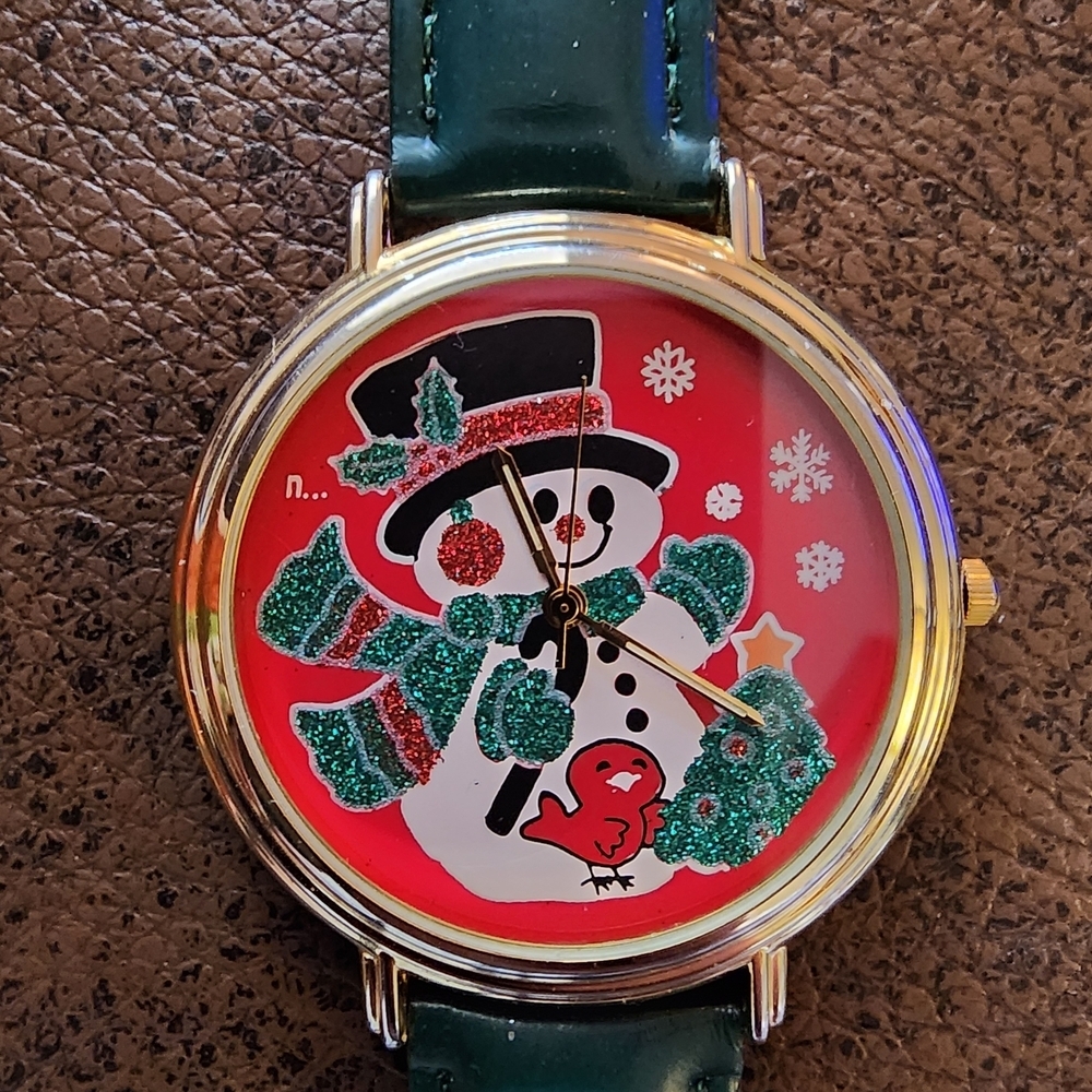 Christmas Themed Watch with Green Faux Leather Strap